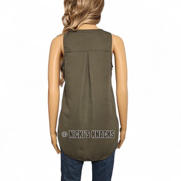 ANA Olive Green Sleeveless Chiffon Tank Top Split Neck Utility Pockets Size XS - Picture 5 of 9